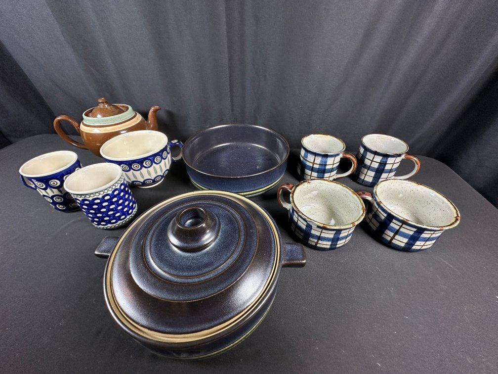 Ceramic Teapot, Casserole Dish, Mugs, and Bowls