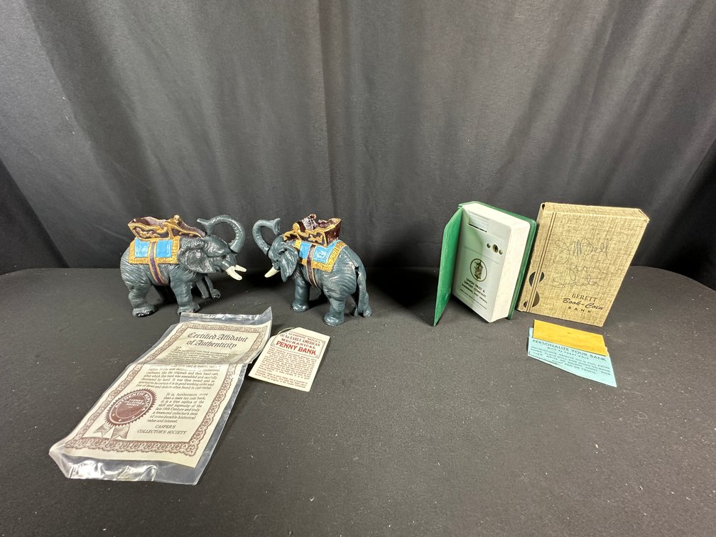 Cast Metal Elephant Mechanical Banks and Book Coin Bank