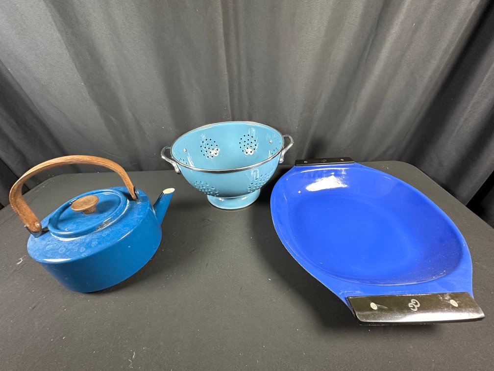 Blue Enamel Kettle, Colander, and Pan