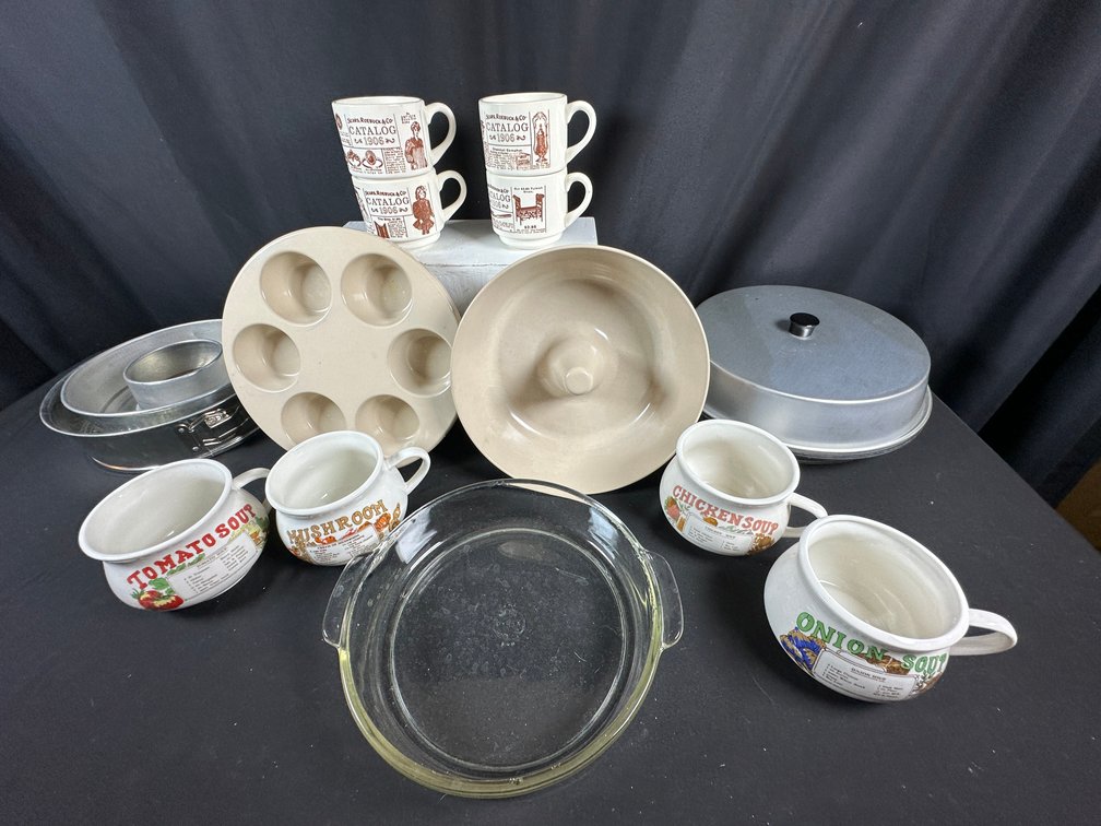 Ceramic Mugs, Soup Bowls, Glass Pie Dish, and Bakeware