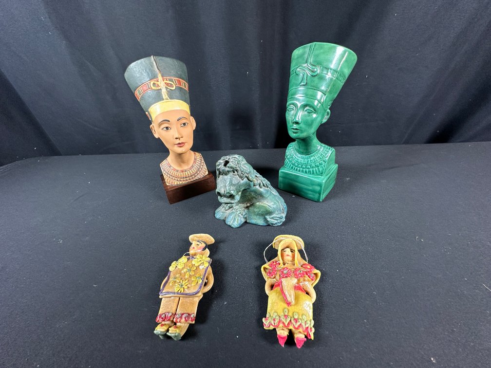 Nefertiti Busts, Beast Figurine, and Folk Art Figures
