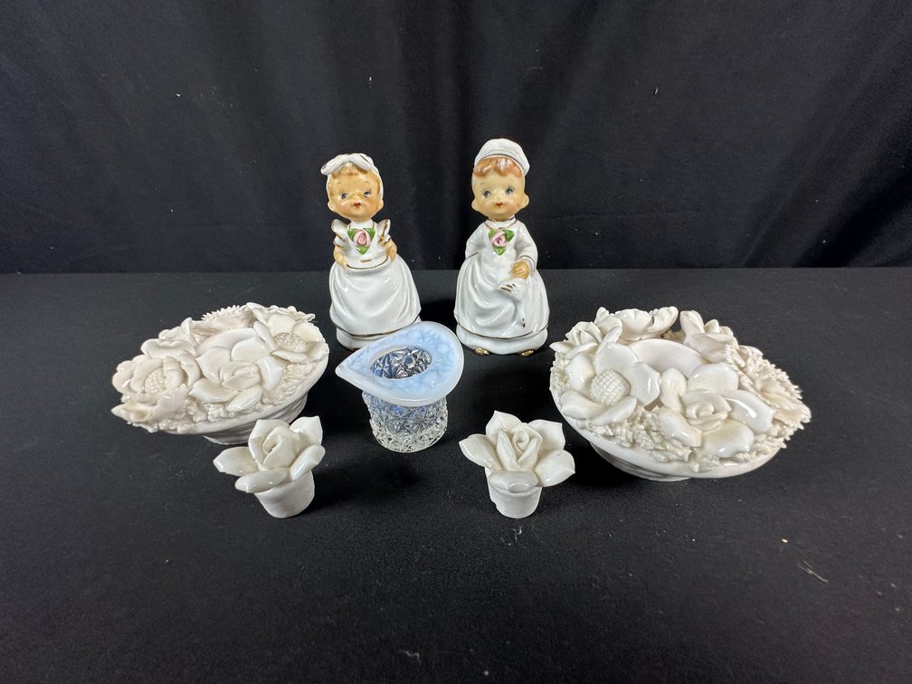 Ceramic Figurine Bells, Floral Holders, and Pressed Glass Hat