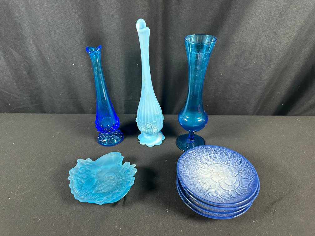 Blue Glass Vases, Pressed Plates, and Ceramic Bowls