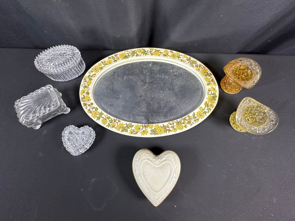 Vanity Mirror Tray, Glass Trinket Boxes, and Toothpick Holders