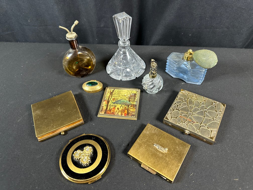 Powder Compacts, Glass Perfume Bottles, and Pill Box