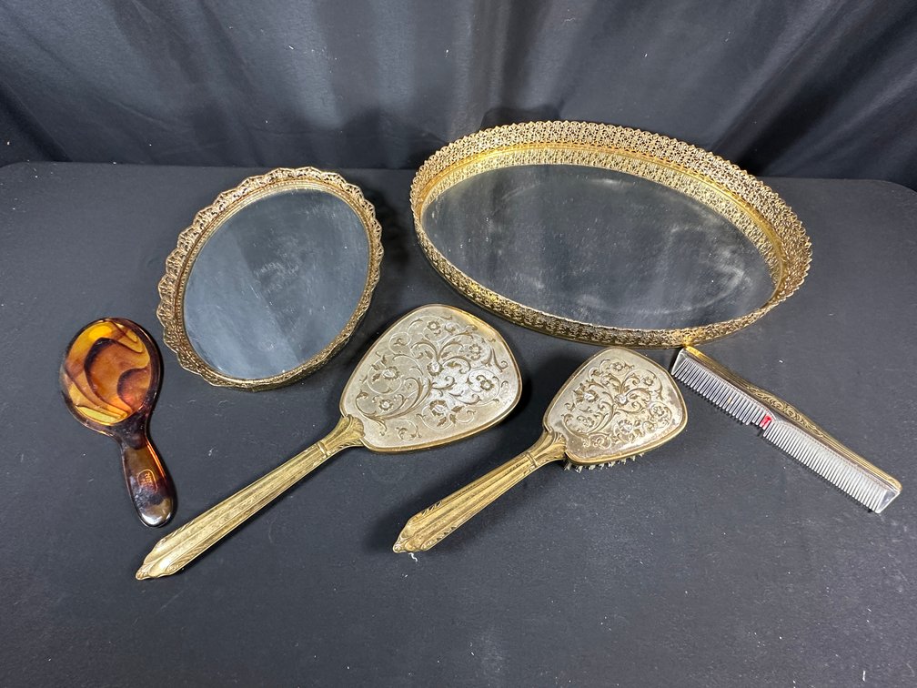 Six-Piece Gold-Tone Mirrored Vanity Dresser Set