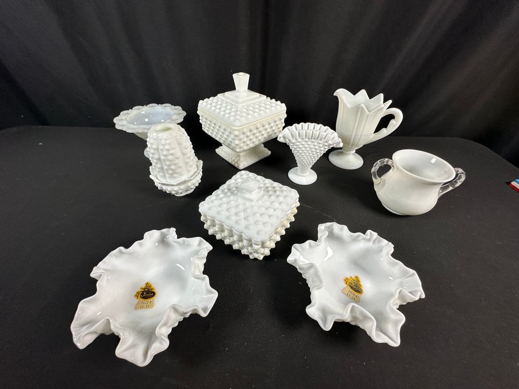 White Milk Glass Bowls, Hobnail Covered Boxes, and More
