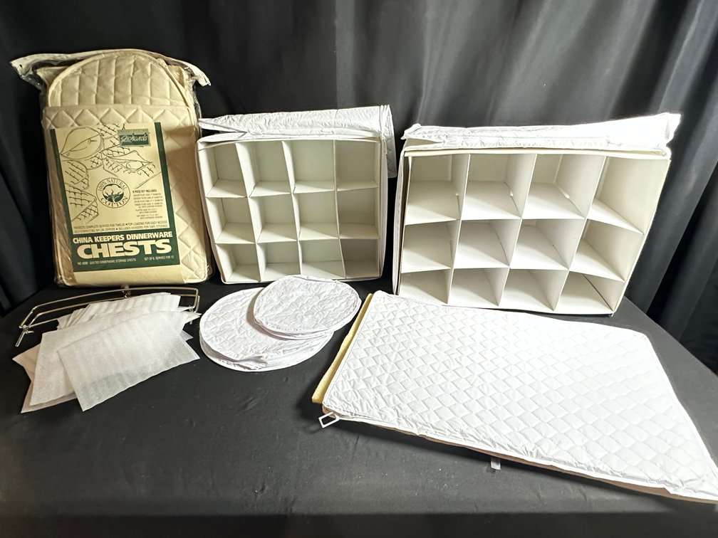 Quilted Dinnerware Storage Chests and Wire Rack