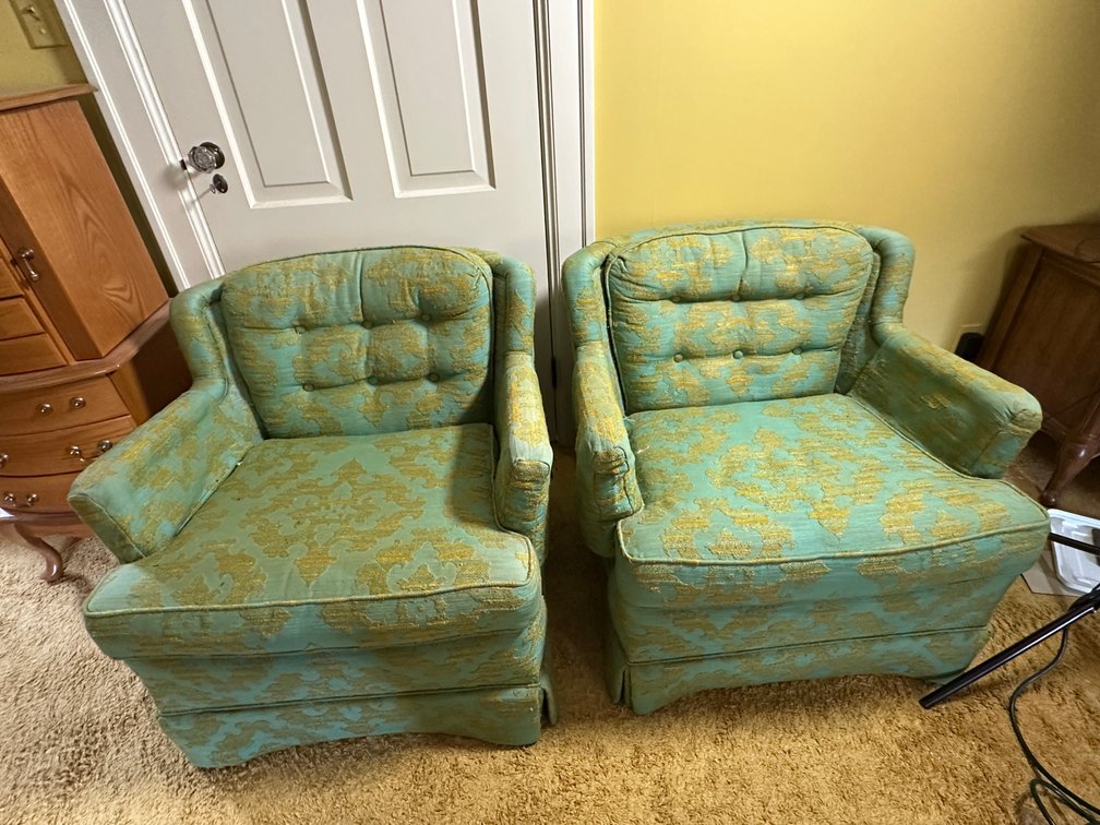 Century Teal and Gold Damask Upholstered Armchairs