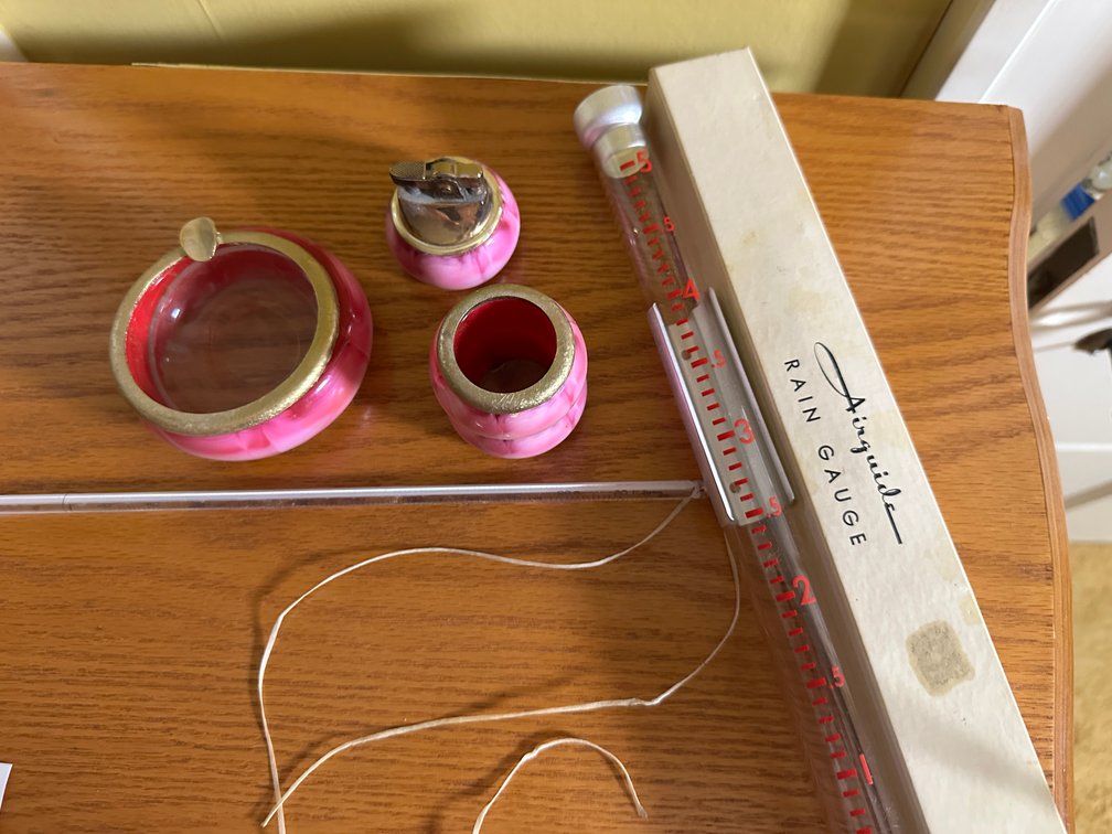 Pink Slag Glass Smoking Set and Rain Gauge