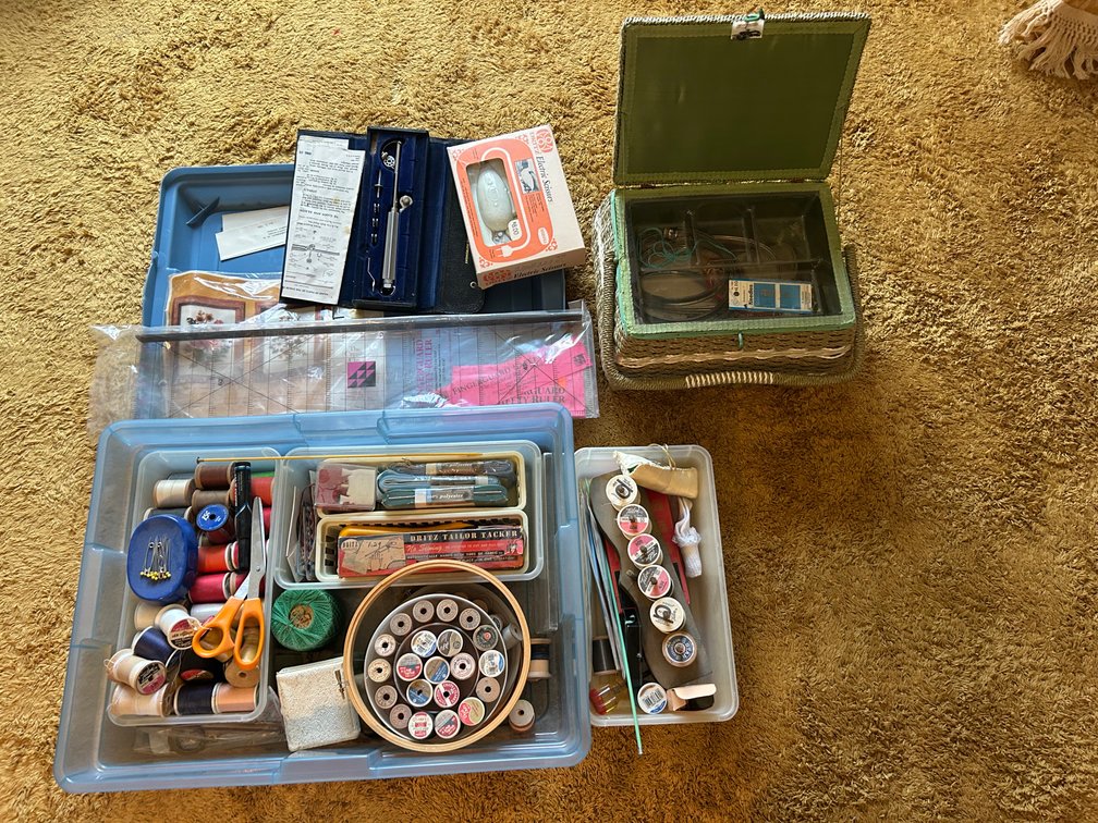 Woven Sewing Basket, Electric Scissors, and Sewing Notions