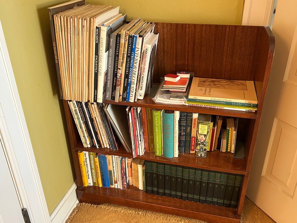 Wood Bookcase, Compton's Encyclopedia Set, and Books