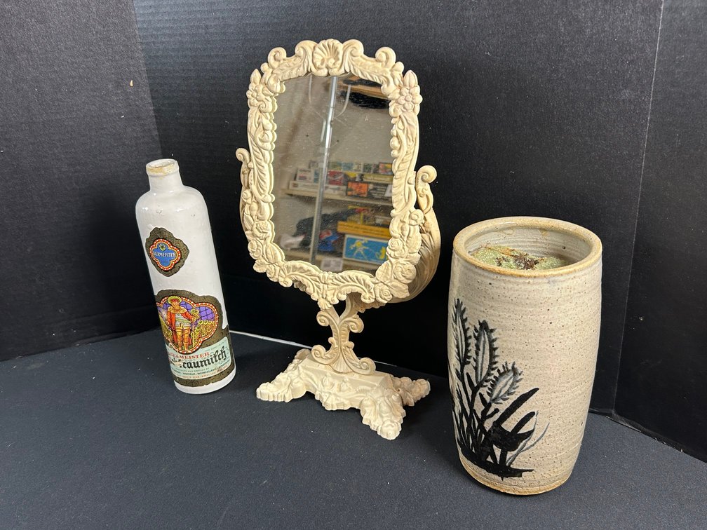 Ceramic Wine Bottle, Swivel Vanity Mirror, and Stoneware Vase