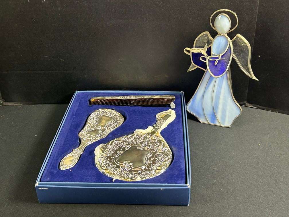 Silver-Tone Vanity Set and Stained Glass Angel Figurine