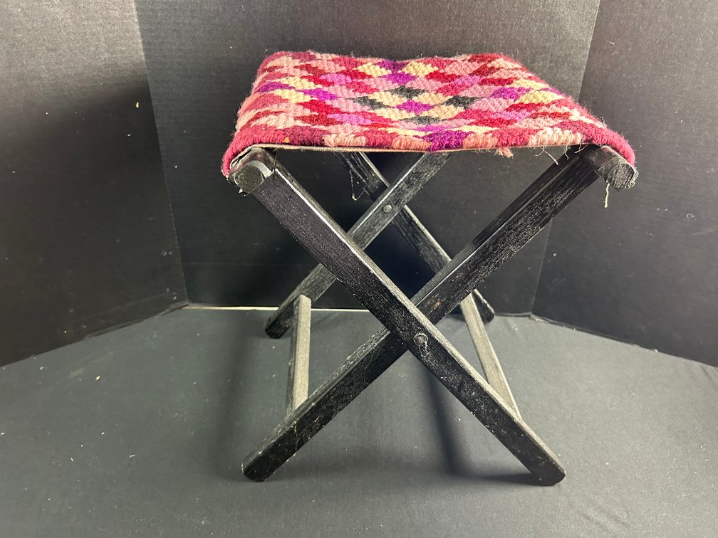 Folding Wooden Stools and Needlepoint Rack