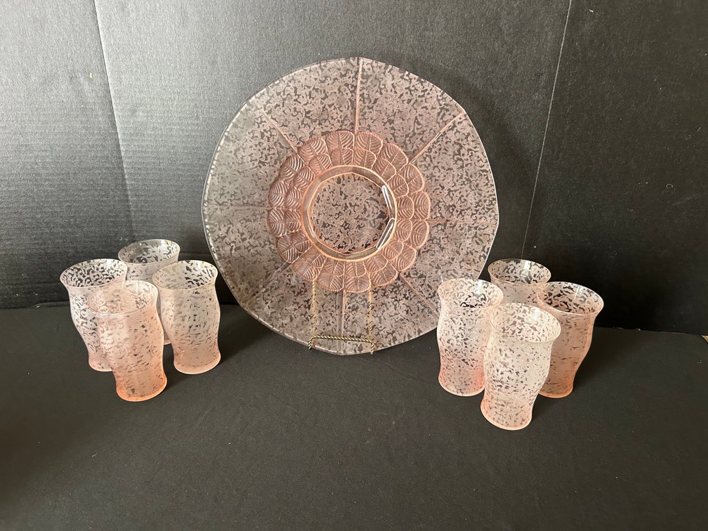 Pink Frosted Glass Serving Platter and Tumblers Set