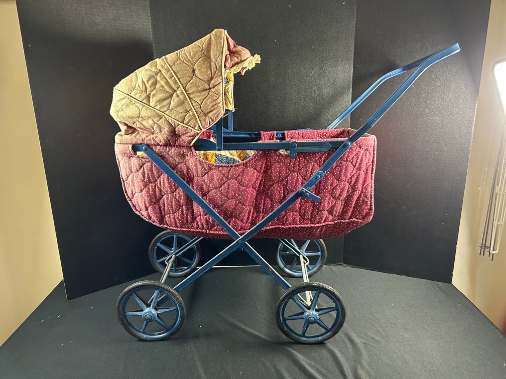 Blue Metal Folding Doll Carriage with Quilted Bedding