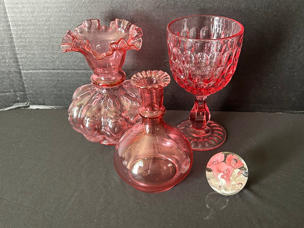 Pink Glass Vases, Goblet, and Paperweight