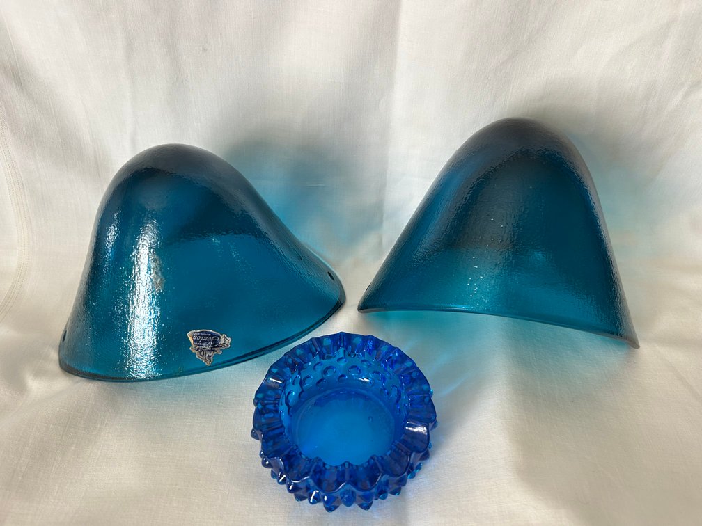 Blue Glass Curved Shades and Ruffled Hobnail Dish