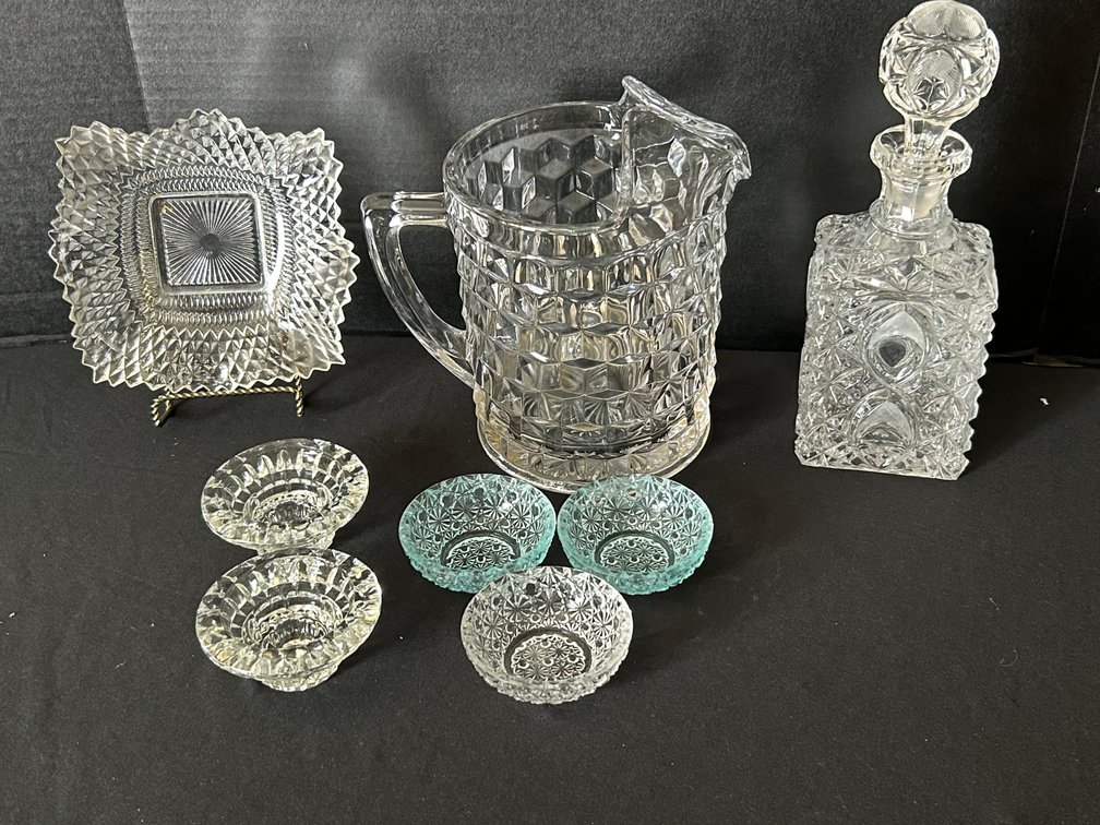 Pressed Glass Pitcher, Decanter, Dish, and More