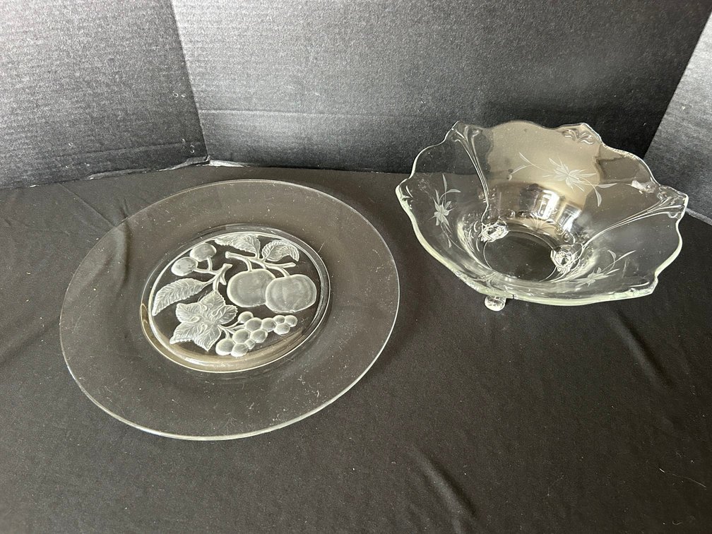 Etched Glass Footed Bowl and Frosted Fruit Motif Plate