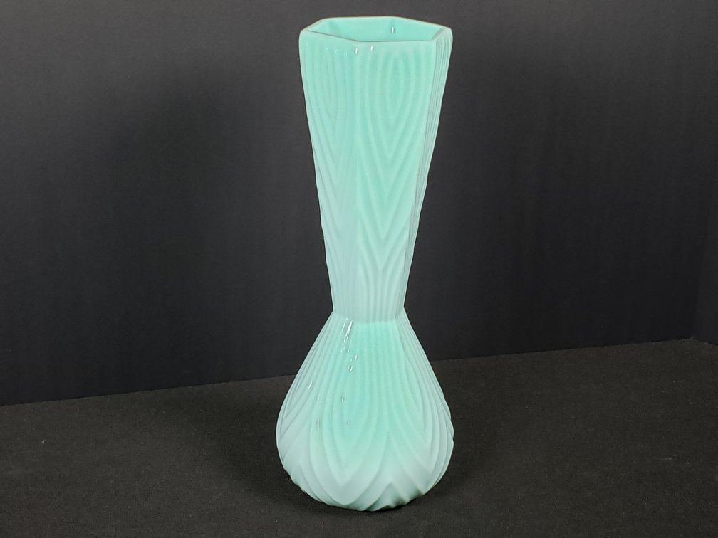 Opaque Mint Green Glass Fluted Hourglass Vase