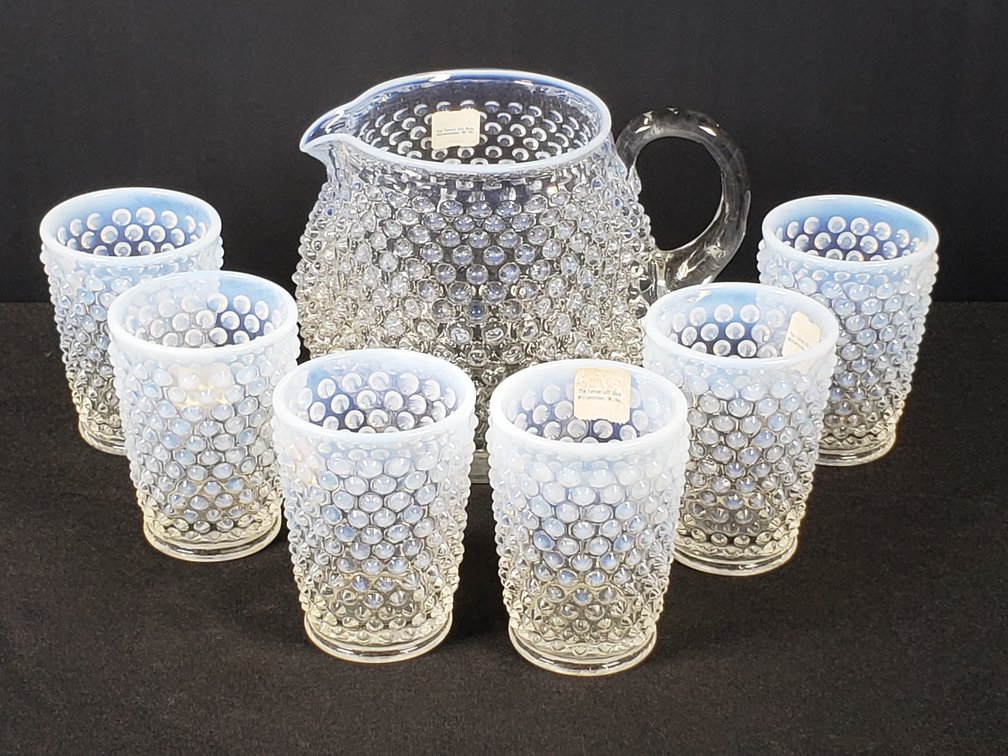 Fenton Opalescent Hobnail Glass Pitcher and Six Tumblers