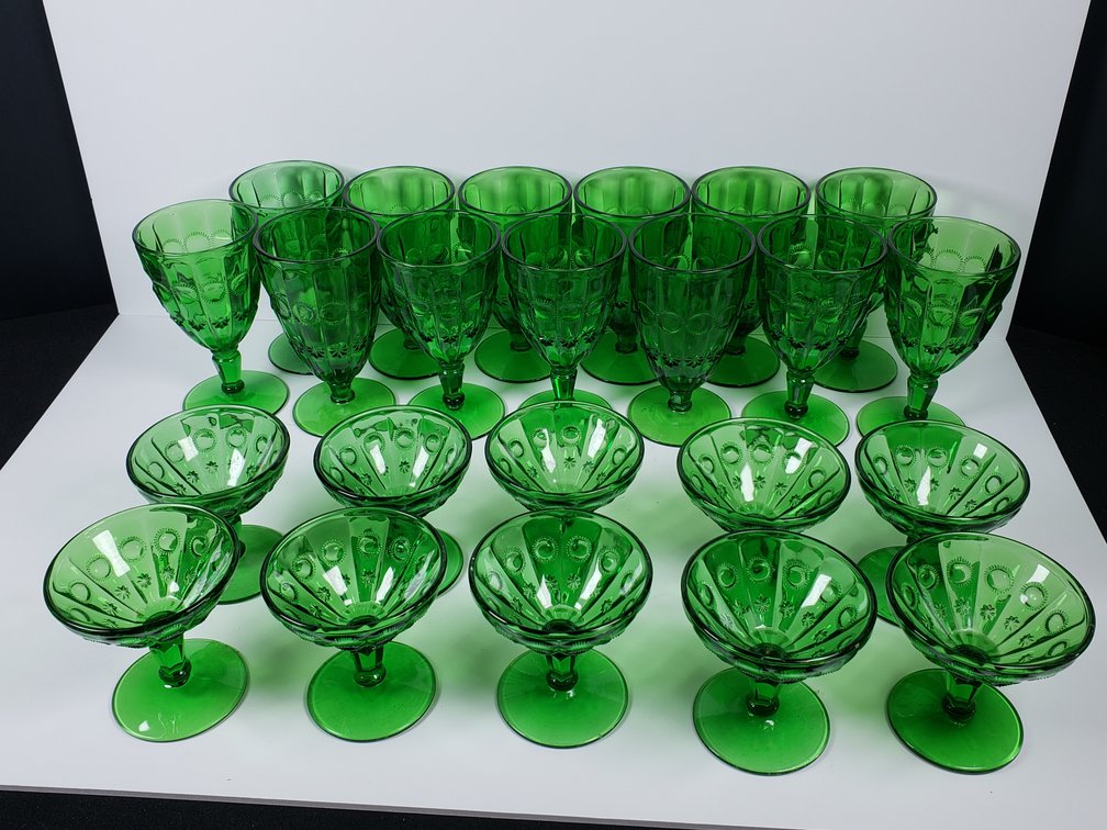 Green Pressed Glass Stemware, Tumblers, and Plates