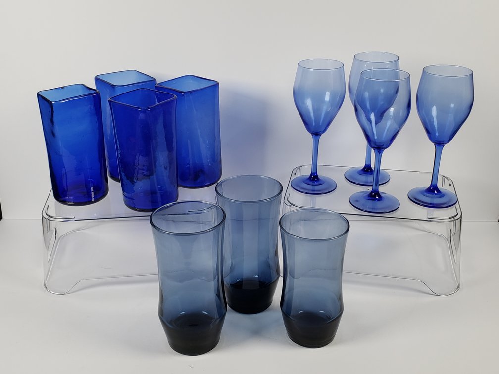 Blue Glass Tumblers and Stemmed Wine Glasses