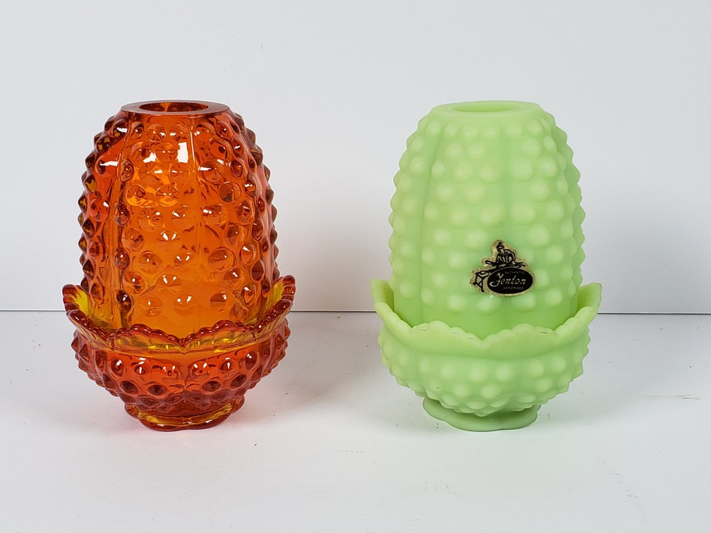 Fenton Hobnail Glass Fairy Lamps in Amber and Green