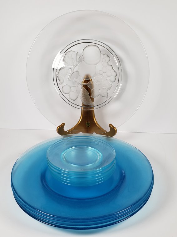 Clear Glass Fruit Plate and Light Blue Glass Plates
