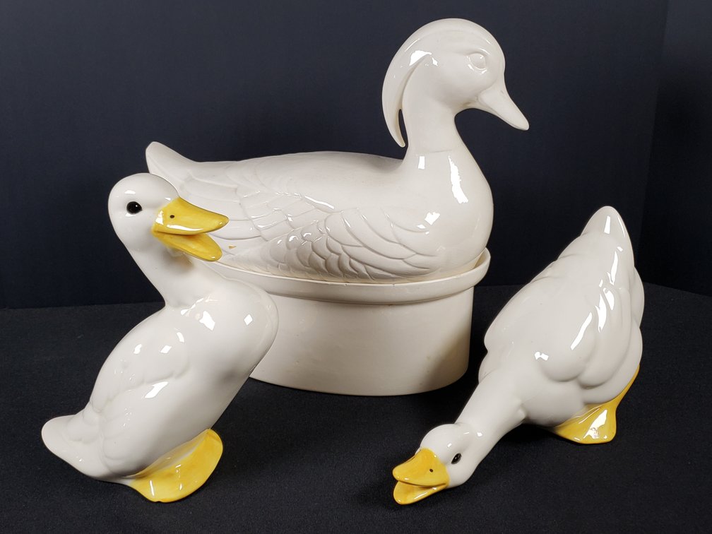 White Glazed Ceramic Duck Covered Dish and Figurines