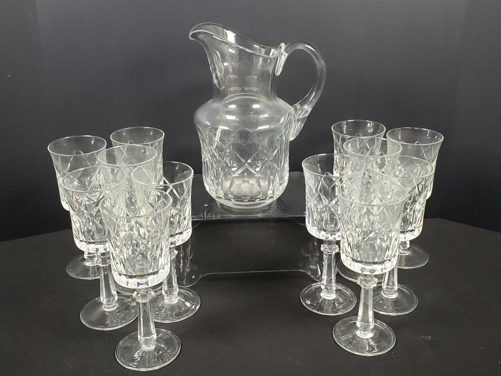 Cut Crystal Pitcher and Ten Stemmed Glasses