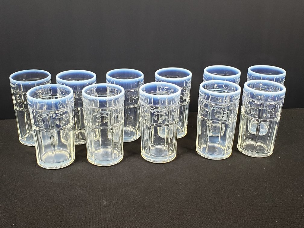 Pressed Glass Tumblers with Blue Opalescent Rims
