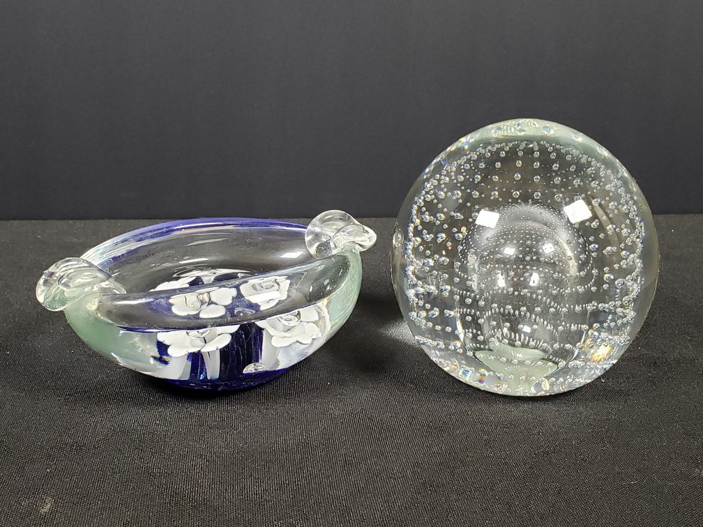 Art Glass Ashtray and Controlled Bubble Paperweight