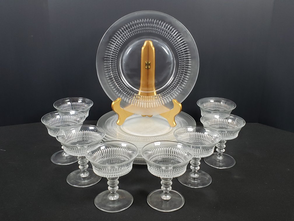 Pressed Glass Stemmed Coupe Glasses and Plates with Stand