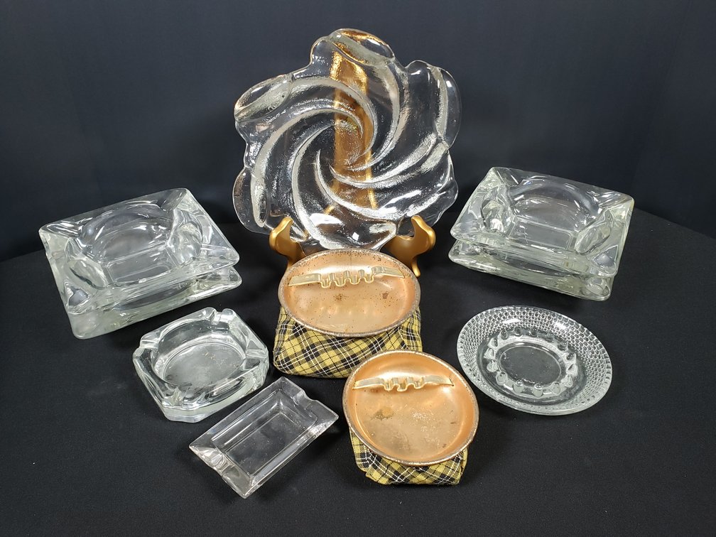 Clear Glass Ashtrays and Plaid Beanbag Ashtrays