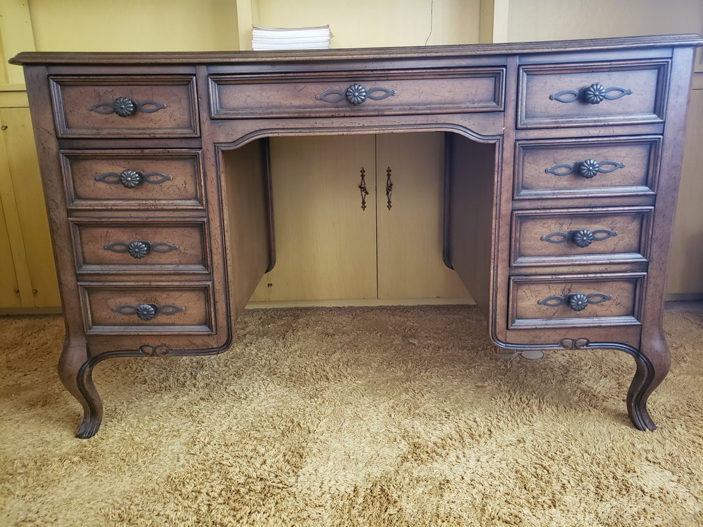 Nine-Drawer Kneehole Desk with Tooled Leather Top