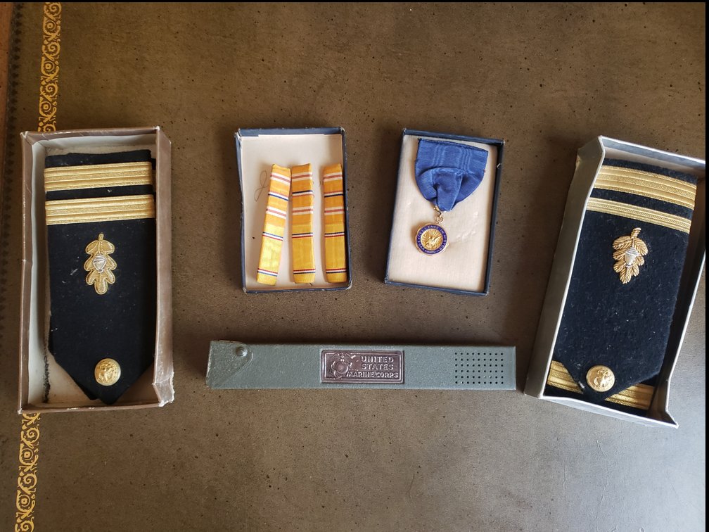 Naval Shoulder Boards, DAR Medal, USMC Item, and Ribbons