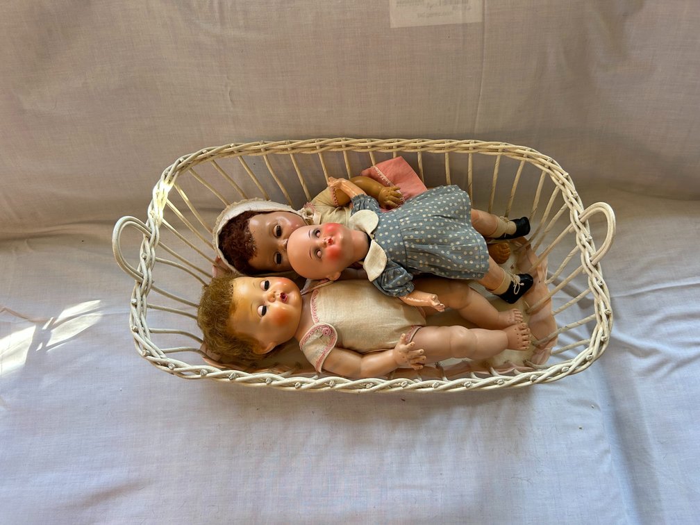 Three Baby Dolls in Painted Wire Bassinet Basket