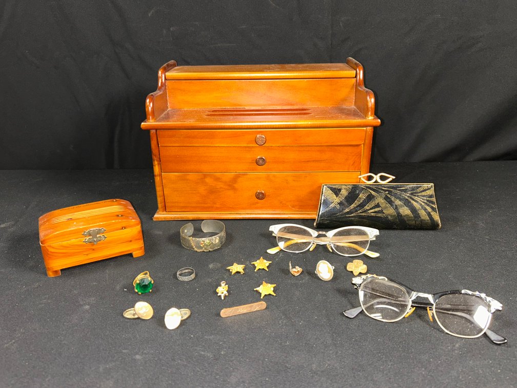 Wooden Jewelry Boxes - Lapel Pins - '70's Eye Glasses