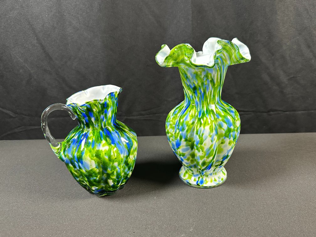 Green and Blue Spatter Art Glass Pitcher and Vase