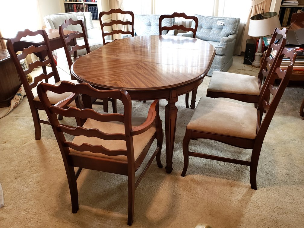 Wood Extension Dining Table and Seven Ladder-Back Chairs