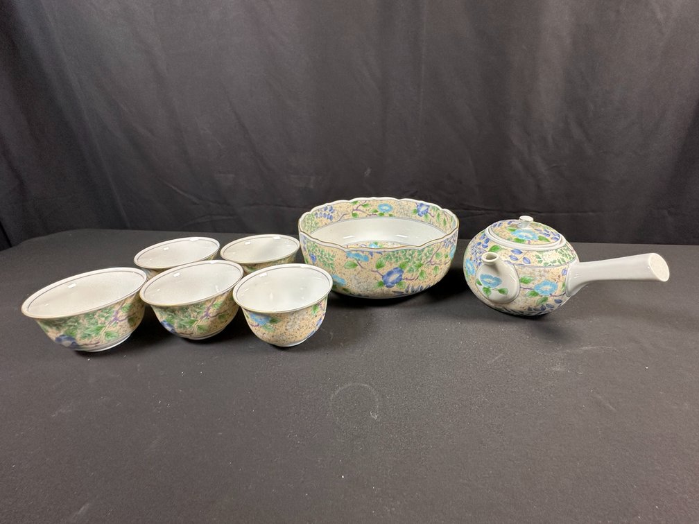 Seven-Piece Japanese Floral Ceramic Tea Set