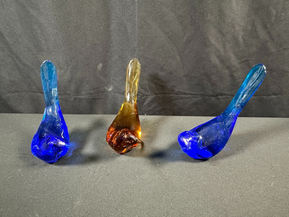 Fenton Blue and Amber Art Glass Bird Figurines