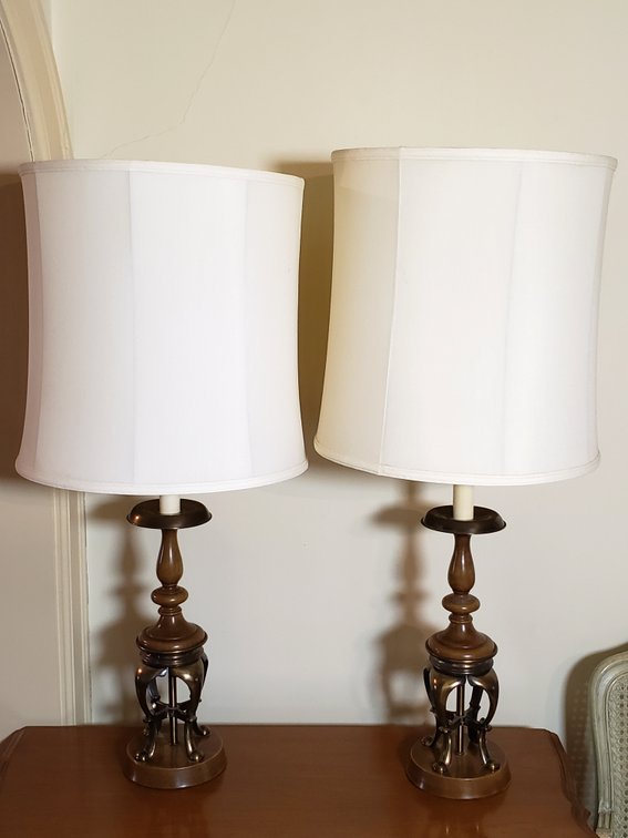 Pair of Turned Wood and Brass Table Lamps with Shades