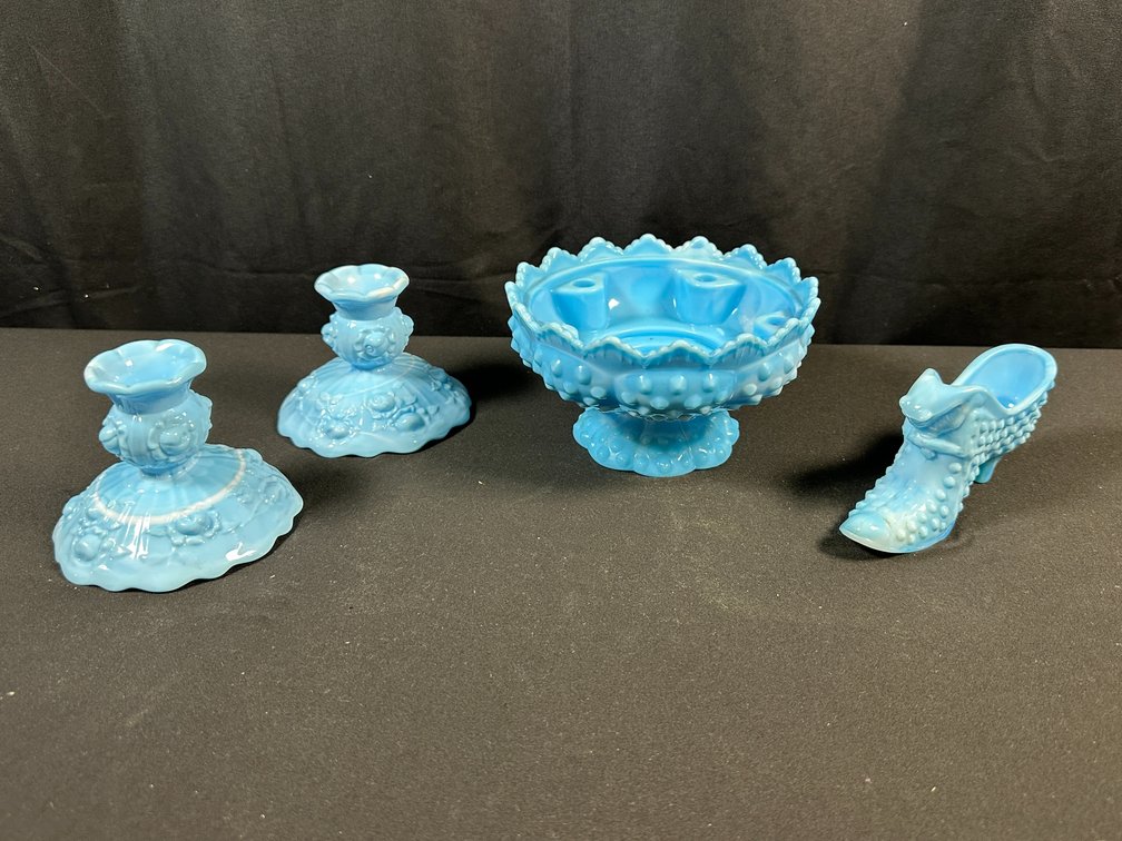 Light Blue Slag Glass Candleholders, Bowl, and Slipper