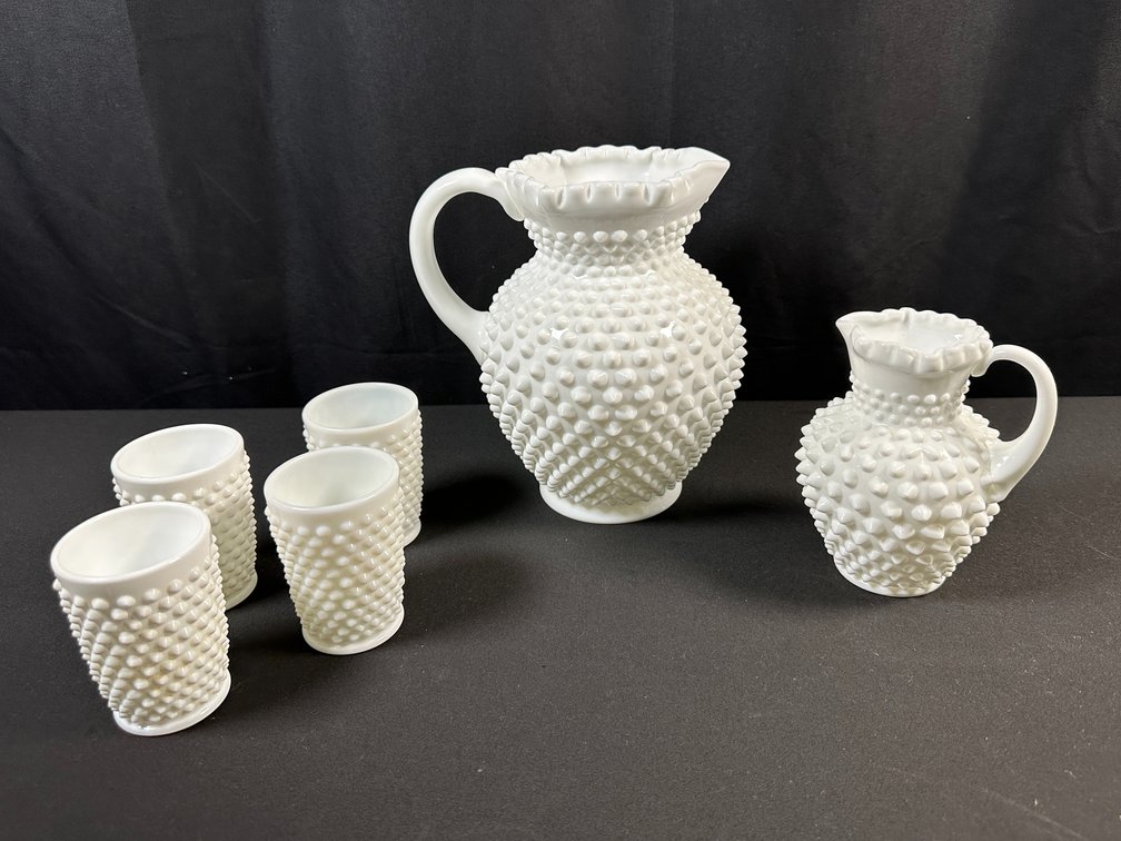 White Milk Glass Hobnail Pitchers and Tumblers