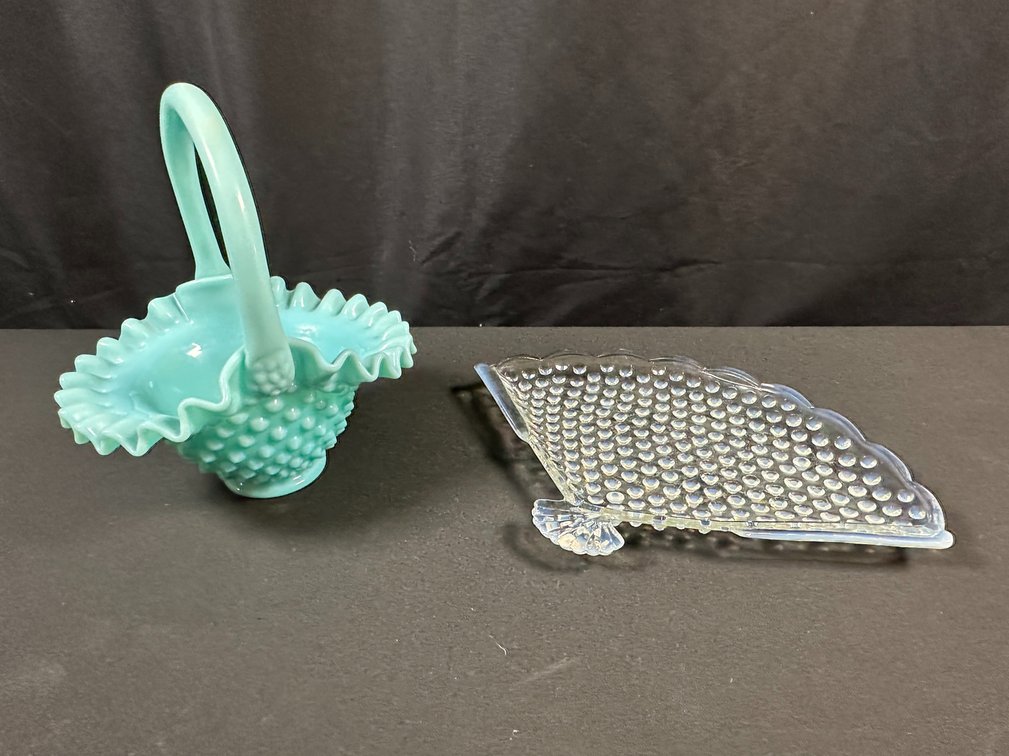 Hobnail Glass Basket and Opalescent Fan Dish