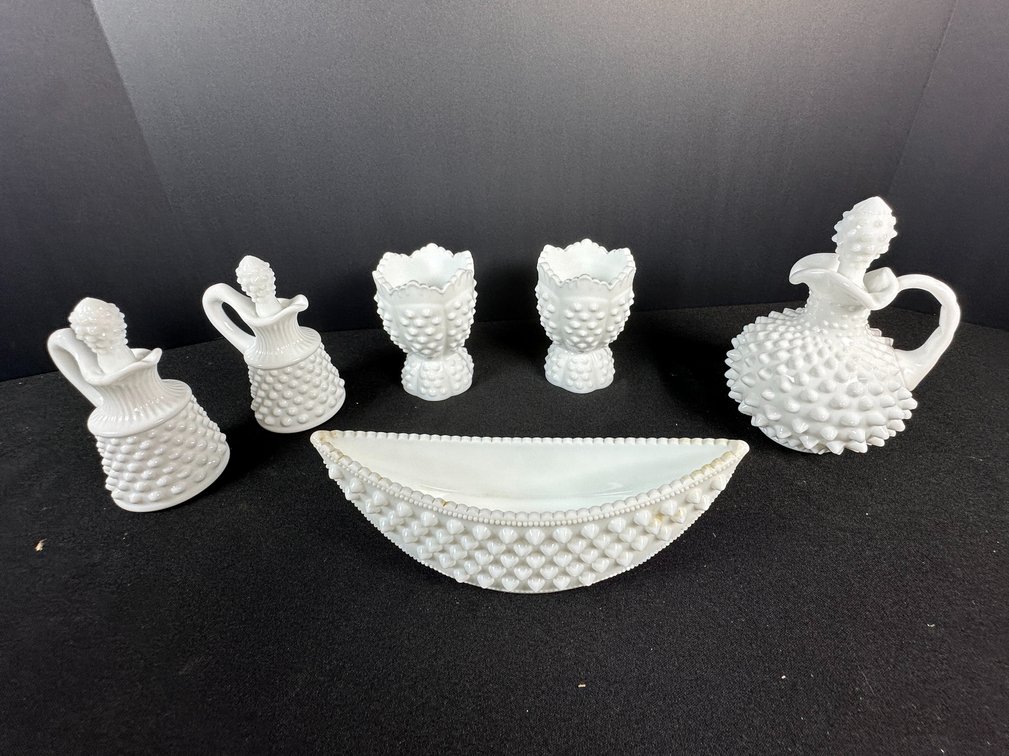 White Milk Glass Hobnail Cruets, Holders, and Dish